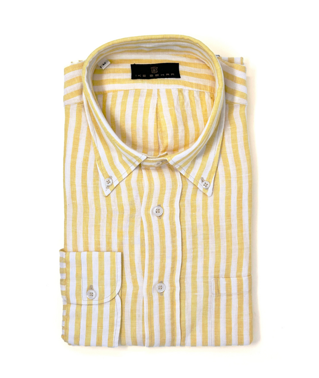 Yellow and White Bar Stripe Linen Sport Shirt L Yellow and White Bar Stripe Linen Sport Shirt L