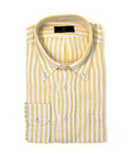 Men's yellow and white bar stripe linen sport shirt. Shop stylish high-quality mens sport shirts by Ike Behar.