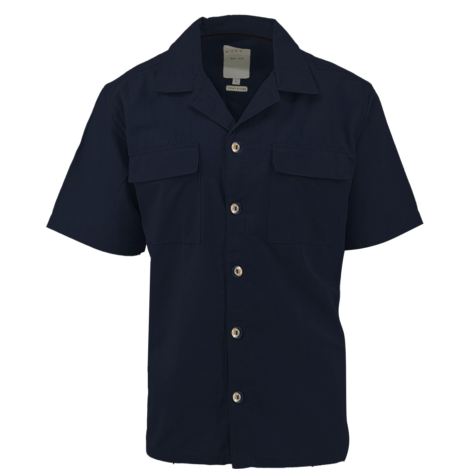 Navy Linen Blend Tonal Dobby Two Pocket Short Sleeve Shirt S