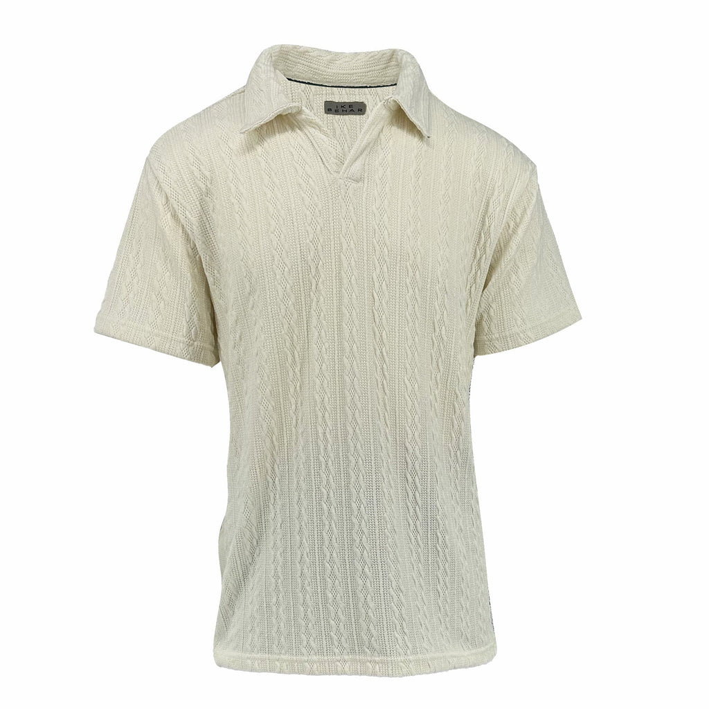 Men's off-white cable knit johnny collar polo tees. Shop stylish high-quality mens T-shirts by Ike Behar.