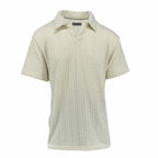 Men's off-white cable knit johnny collar polo tees. Shop stylish high-quality mens T-shirts by Ike Behar.