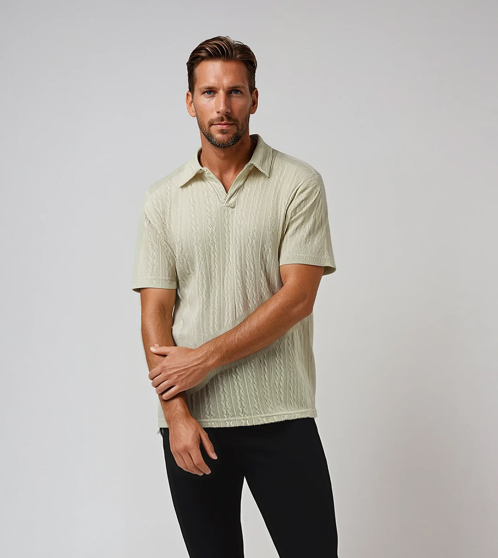 Men's off-white cable knit johnny collar polo tees. Shop stylish high-quality mens T-shirts by Ike Behar.