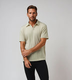 Men's off-white cable knit johnny collar polo tees. Shop stylish high-quality mens T-shirts by Ike Behar.