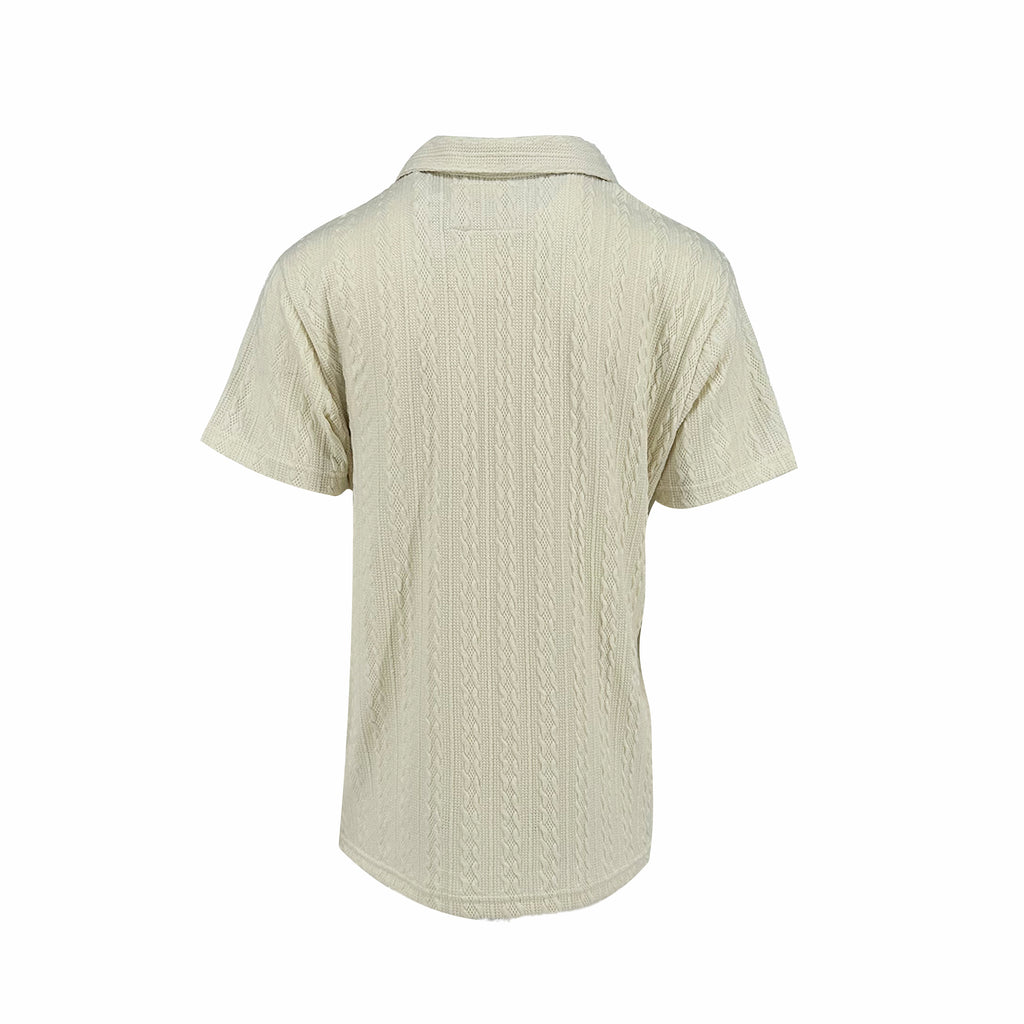 Men's off-white cable knit johnny collar polo tees. Shop stylish high-quality mens T-shirts by Ike Behar.