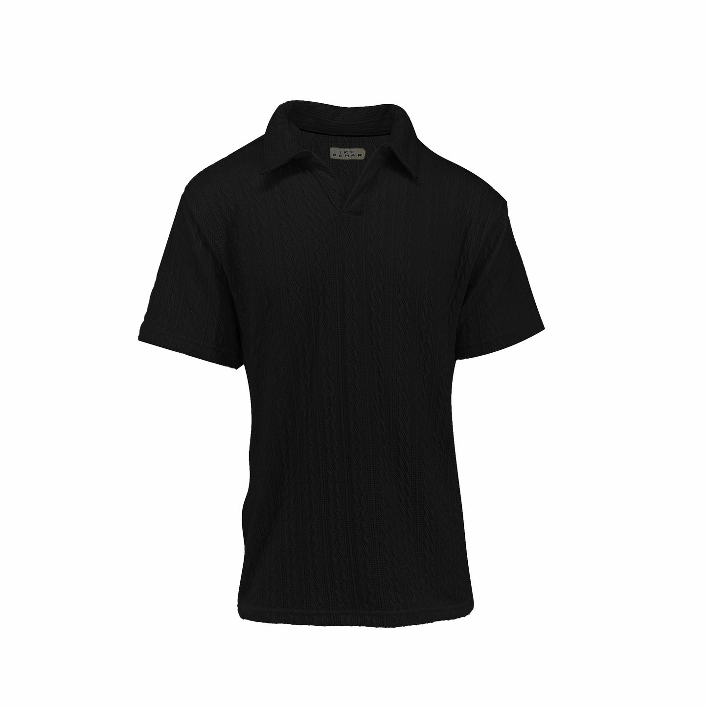 Black Jacquard Cable Knit Johnny Collar Polo