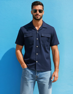 Navy Linen Blend Tonal Dobby Two Pocket Short Sleeve Shirt