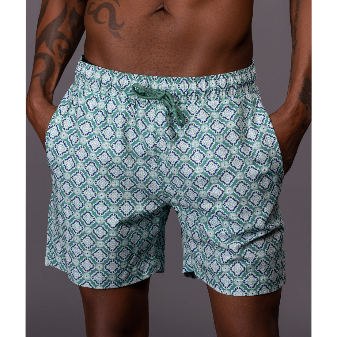 Spa Green Geometric Print  Swim Shorts