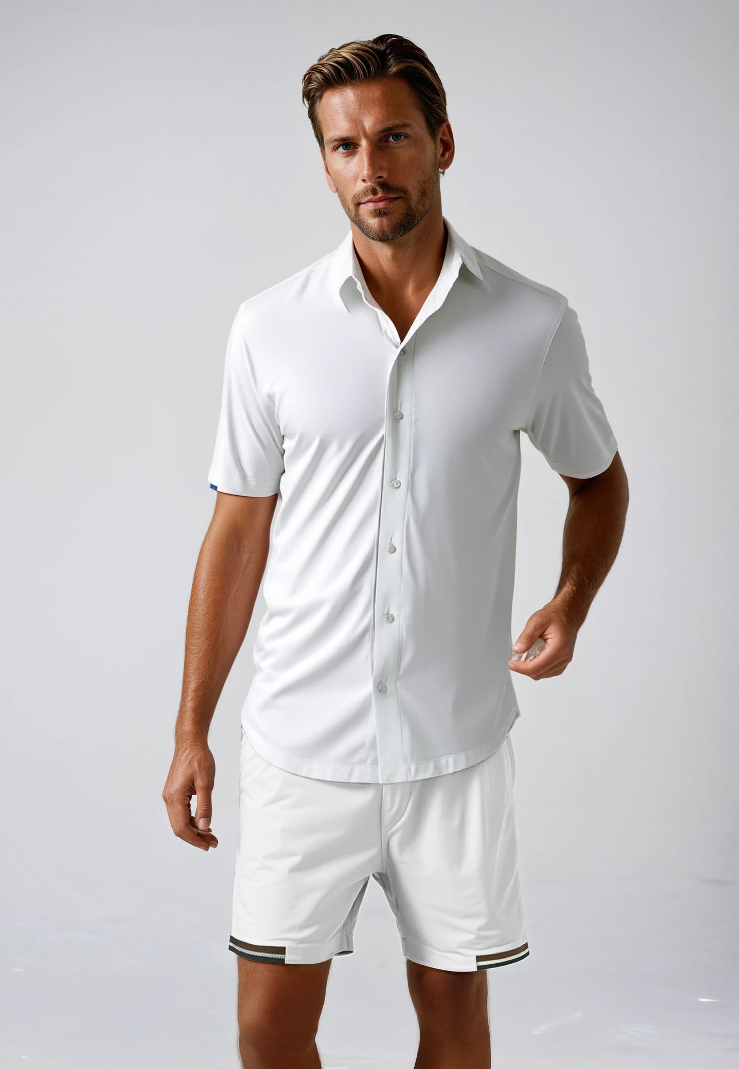 White Cool Knit Button-Front and Short Tennis Set