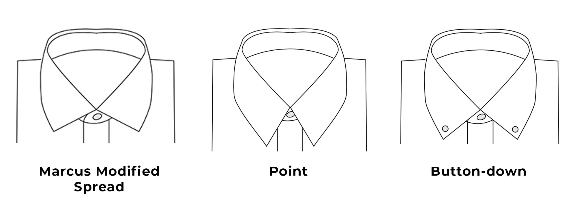 Illustrations of different shirt collar styles labeled 'Marcus Modified Spread' a medium spread collar, 'Point' - a traditional pointed collar, and 'Button-down' a traditonal button-down style collar