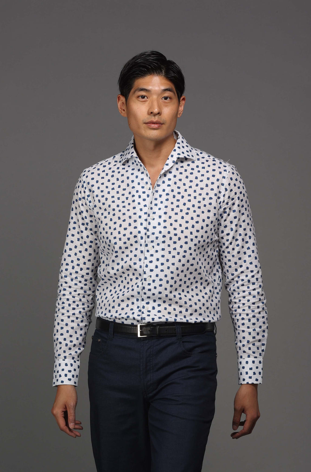 Men's white black printed button-up cotton linen shirt- Shop stylish high-quality mens shirts by Ike Behar