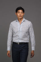 Men's white black printed button-up cotton linen shirt- Shop stylish high-quality mens shirts by Ike Behar