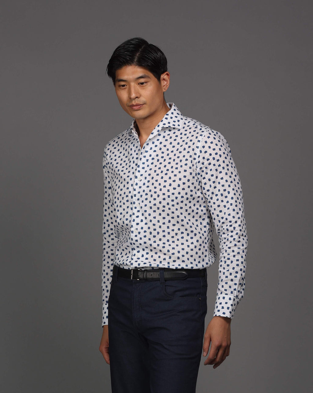 Men's white black printed button-up cotton linen shirt- Shop stylish high-quality mens shirts by Ike Behar