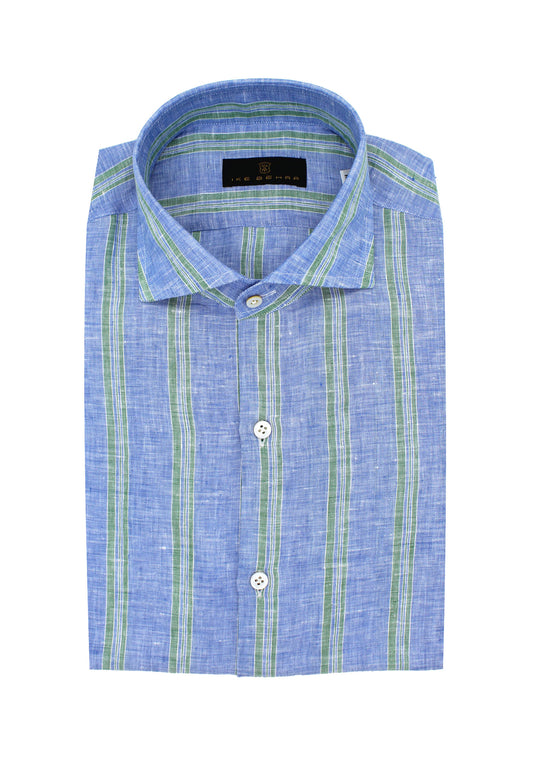 Hand Finished Sky With Lime Striped Italian Linen Sport Shirt