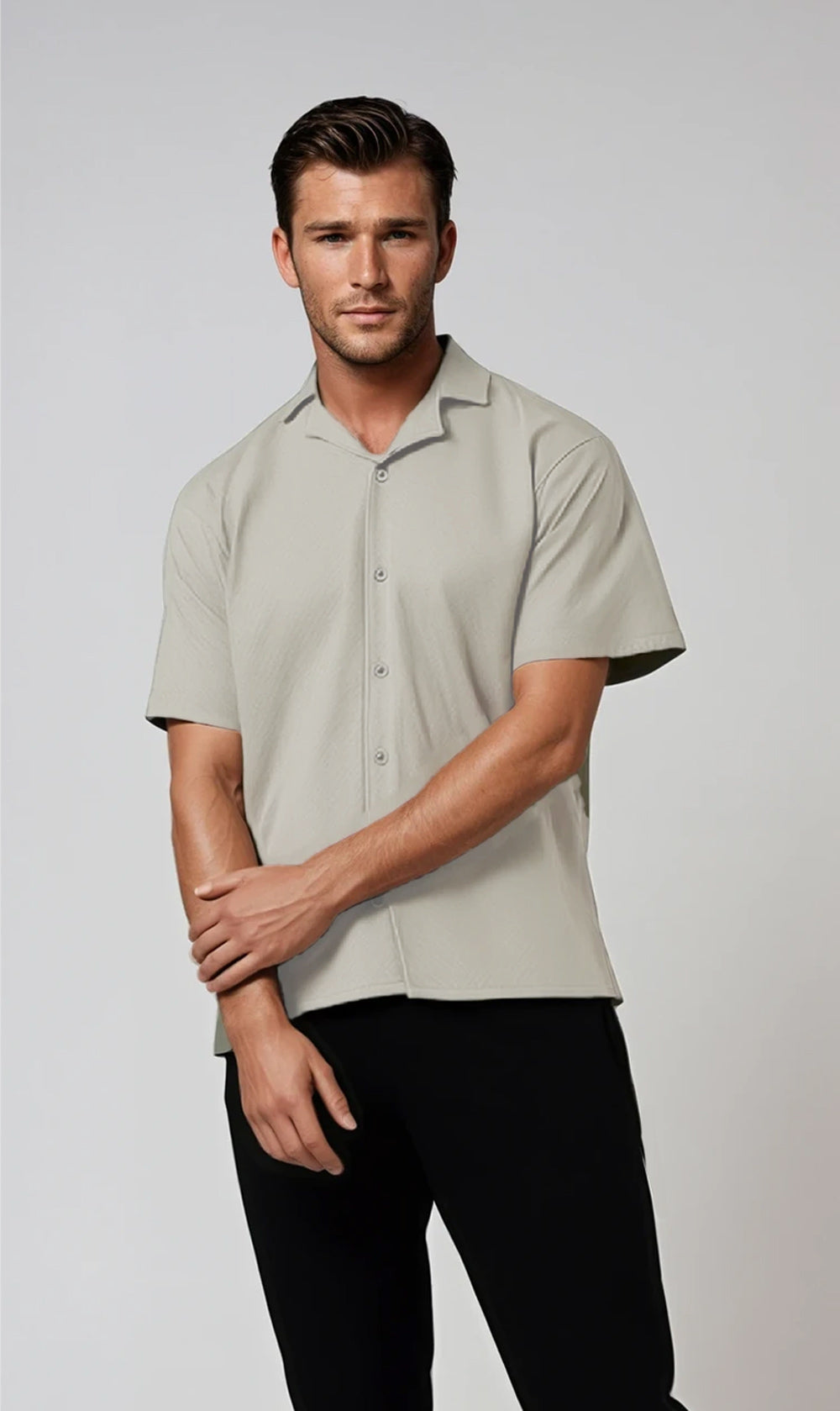 Ecru Jacquard Knit Button-Front Sport Shirt