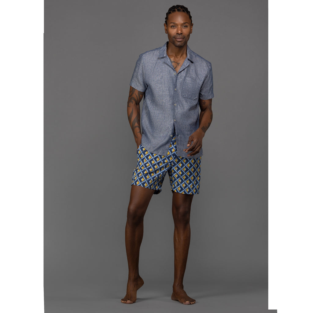 Men's diamond print in blue and yellow swim shorts by Ike Behar