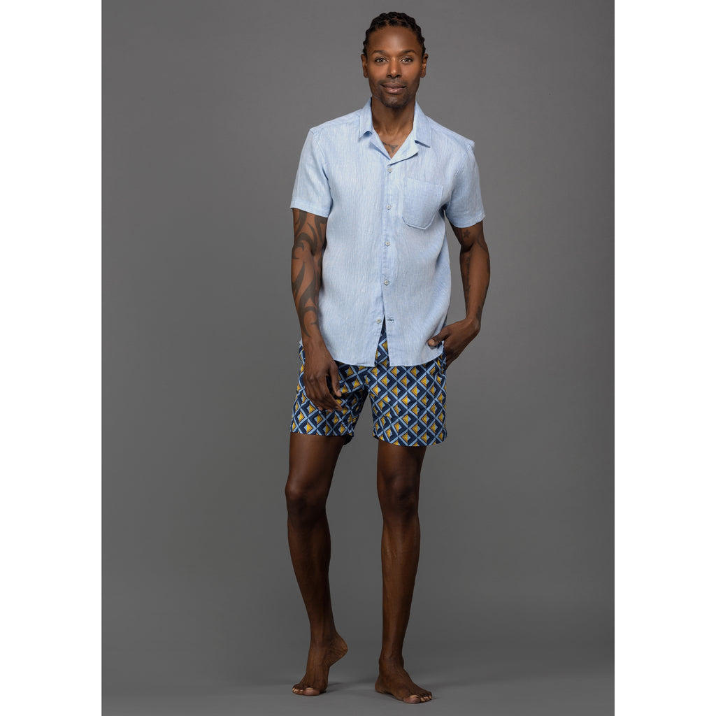 Men's diamond print in blue and yellow swim shorts by Ike Behar