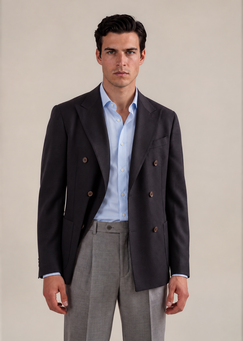 A man modeling a dark navy double-breasted blazer over a light blue dress shirt and gray trousers, standing against a plain beige studio background.