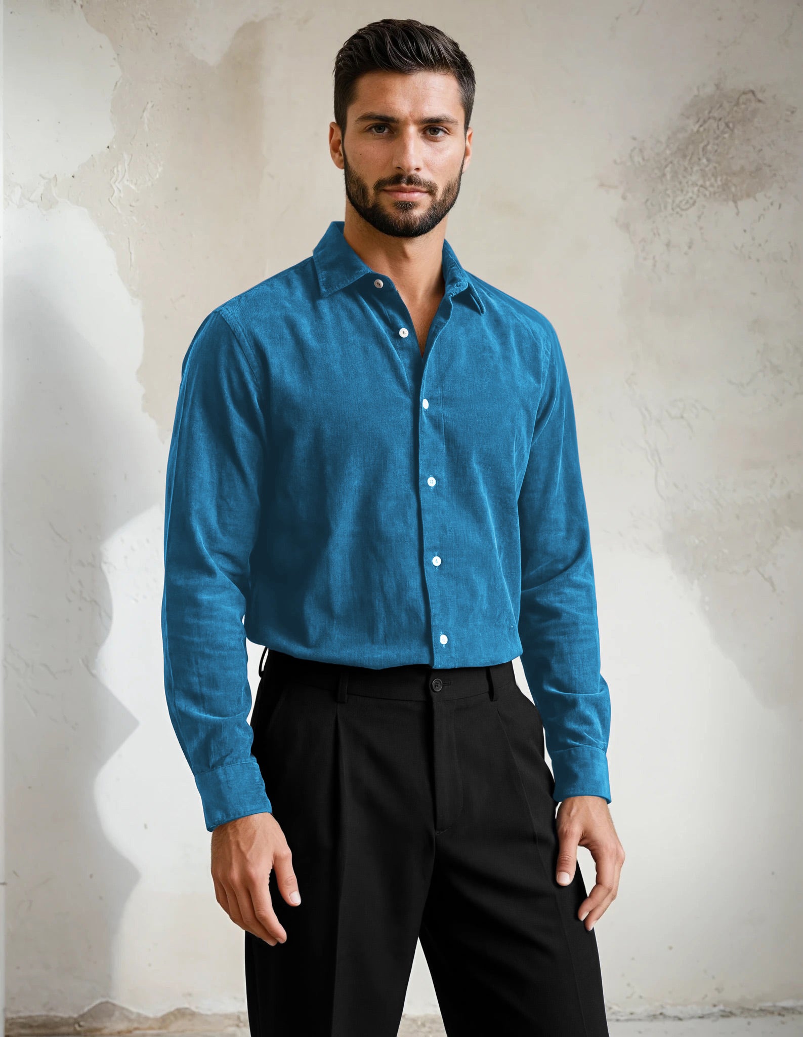 Man wearing a teal shirt and black pants against a textured wall.