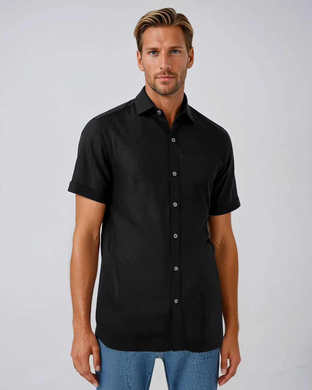 Men's coal black pure linen short sleeve shirt. Shop stylish, high-quality mens shirts by Ike Behar