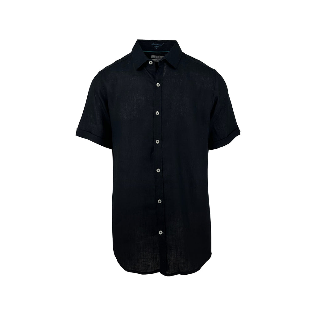 Men's coal black pure linen short-sleeve shirt. Shop stylish, high-quality men's shirts by Ike Behar