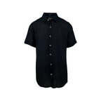 Men's coal black pure linen short-sleeve shirt. Shop stylish, high-quality men's shirts by Ike Behar