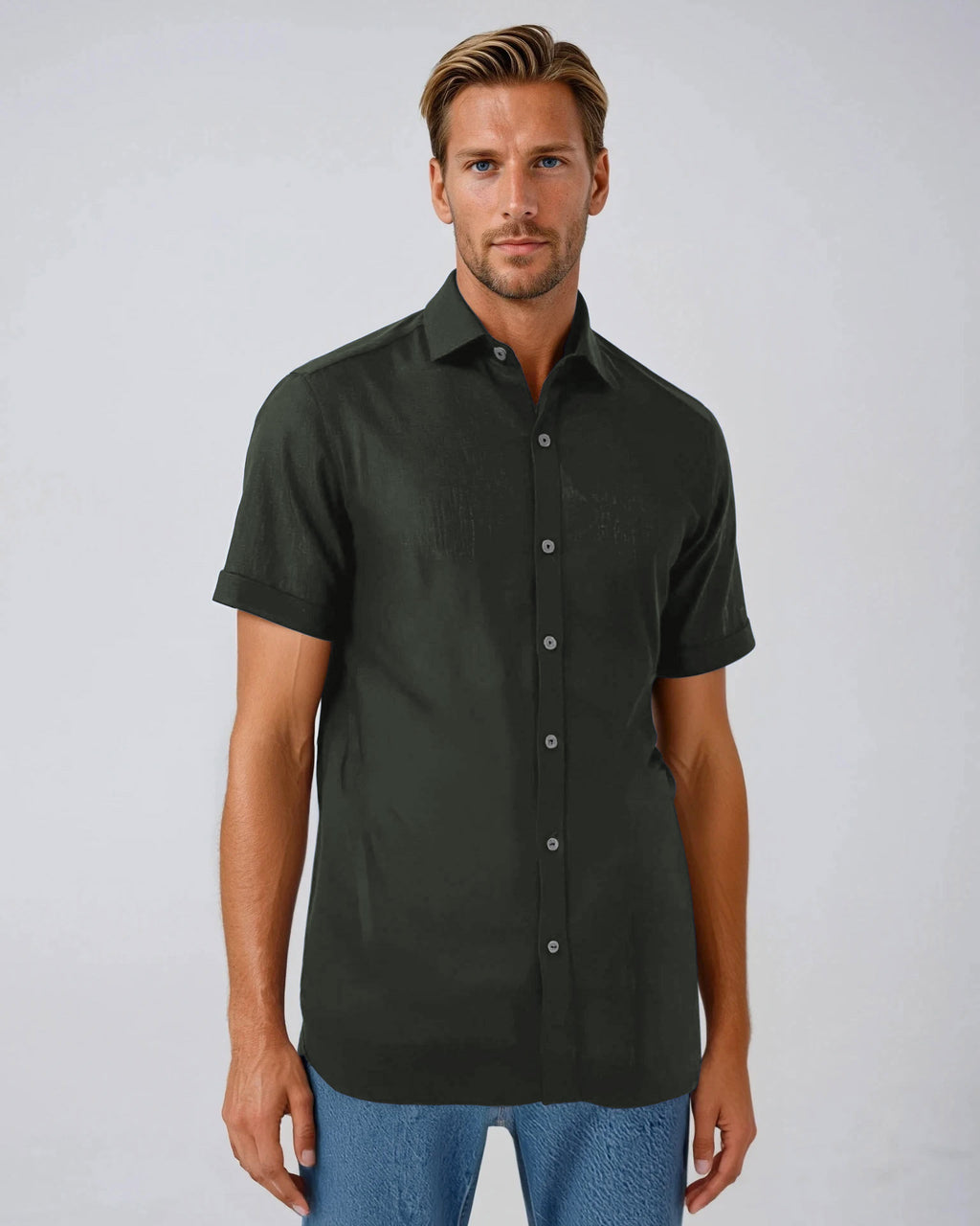 Green Linen and Cotton Blend Short Sleeve Shirt S Green Linen and Cotton Blend Short Sleeve Shirt S