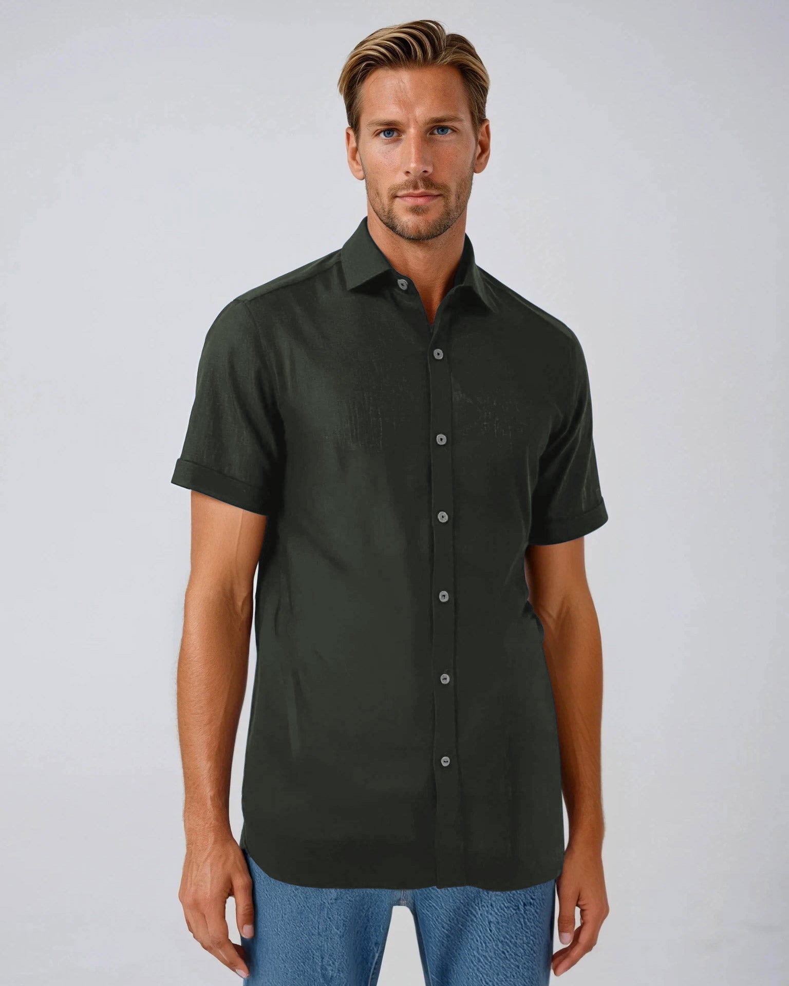 Men's green cotton linen short sleeve shirt - Shop stylish, high-quality mens shirts by Ike Behar