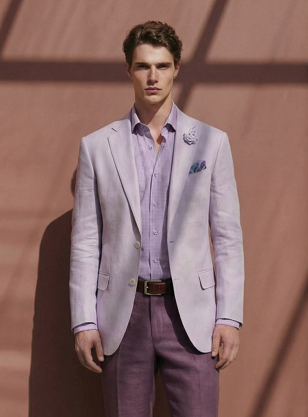 Man wearing a light lavender blazer over a purple shirt and matching pants against a brown wall.