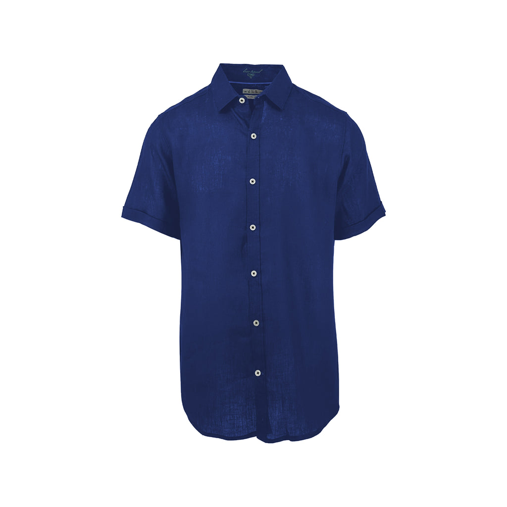 Men's navy blue cotton linen short sleeve shirt - Shop stylish, high-quality mens shirts by Ike Behar