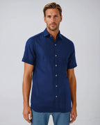 Men's navy blue cotton linen short sleeve shirt - Shop stylish, high-quality mens shirts by Ike Behar