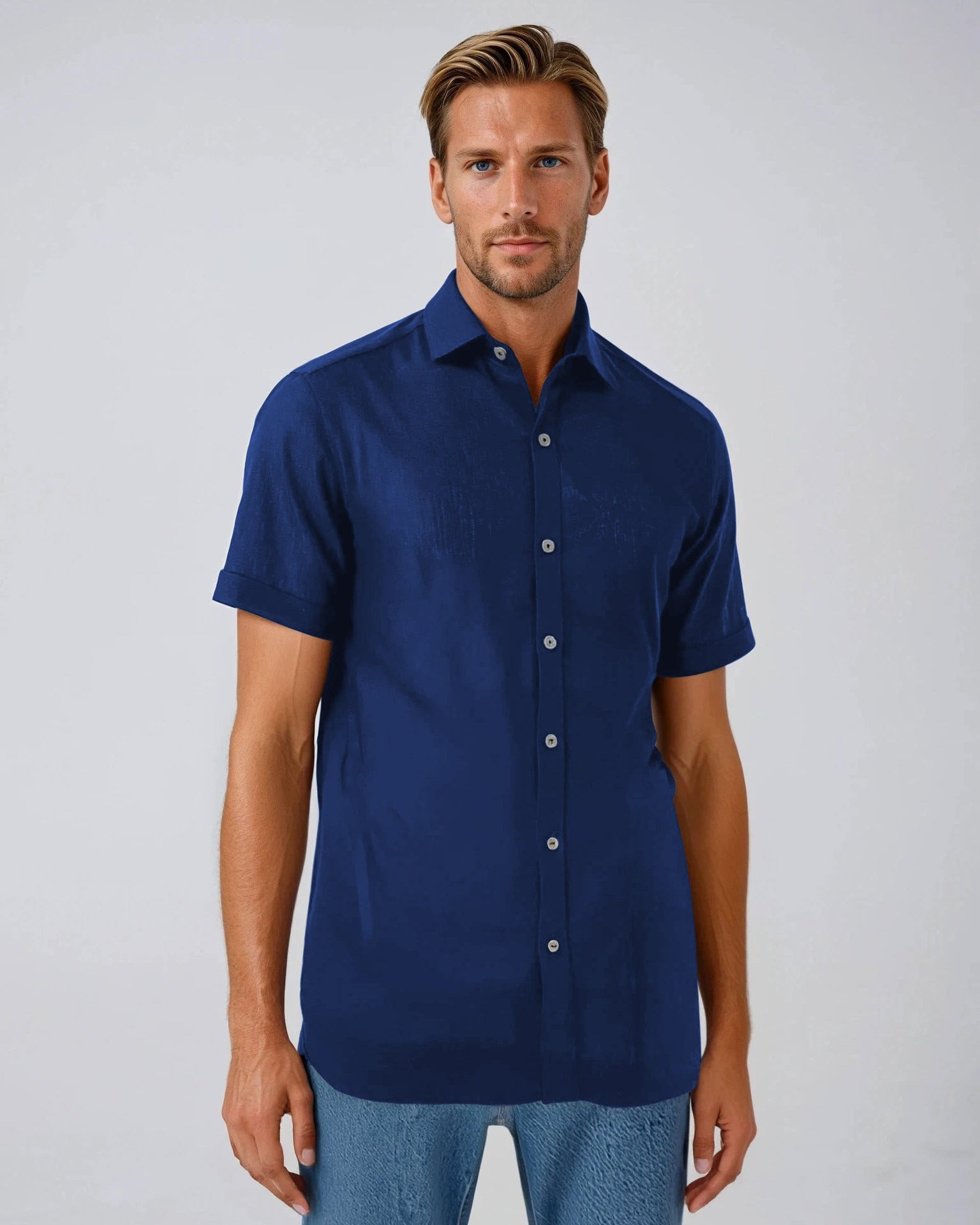 Men's navy blue cotton linen short sleeve shirt - Shop stylish, high-quality mens shirts by Ike Behar