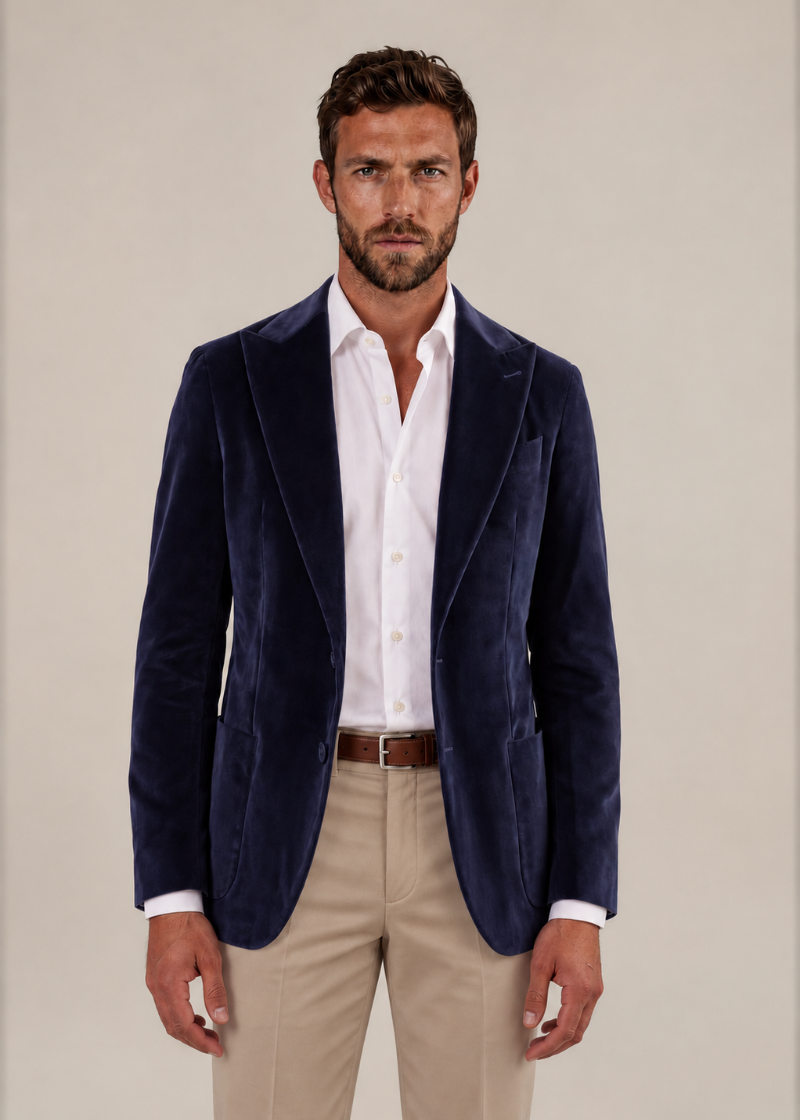 A man wearing a navy blue velvet blazer over a white button-down shirt and beige trousers, standing against a plain beige studio background.