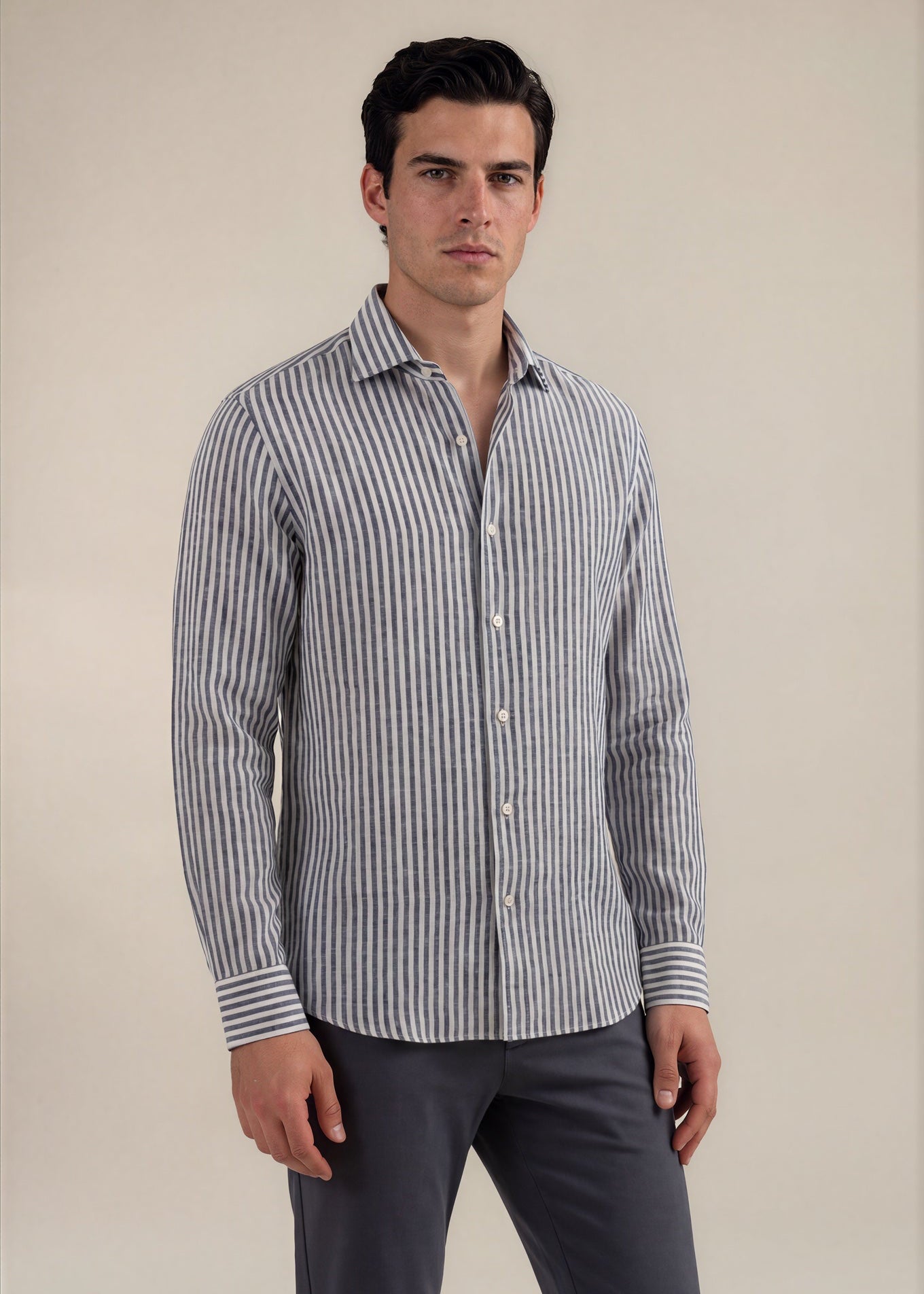 Hand-Finished Navy & White Striped Linen Shirt