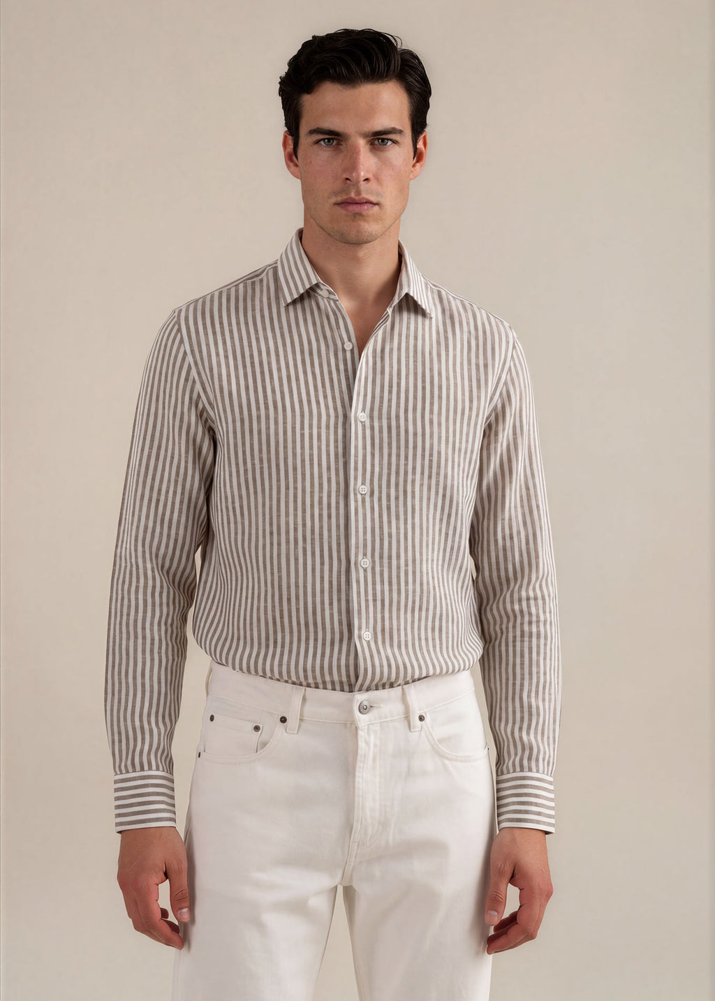 Hand-Finished Tan & White Striped Linen Shirt