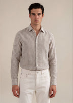 Hand-Finished Tan & White Striped Linen Shirt