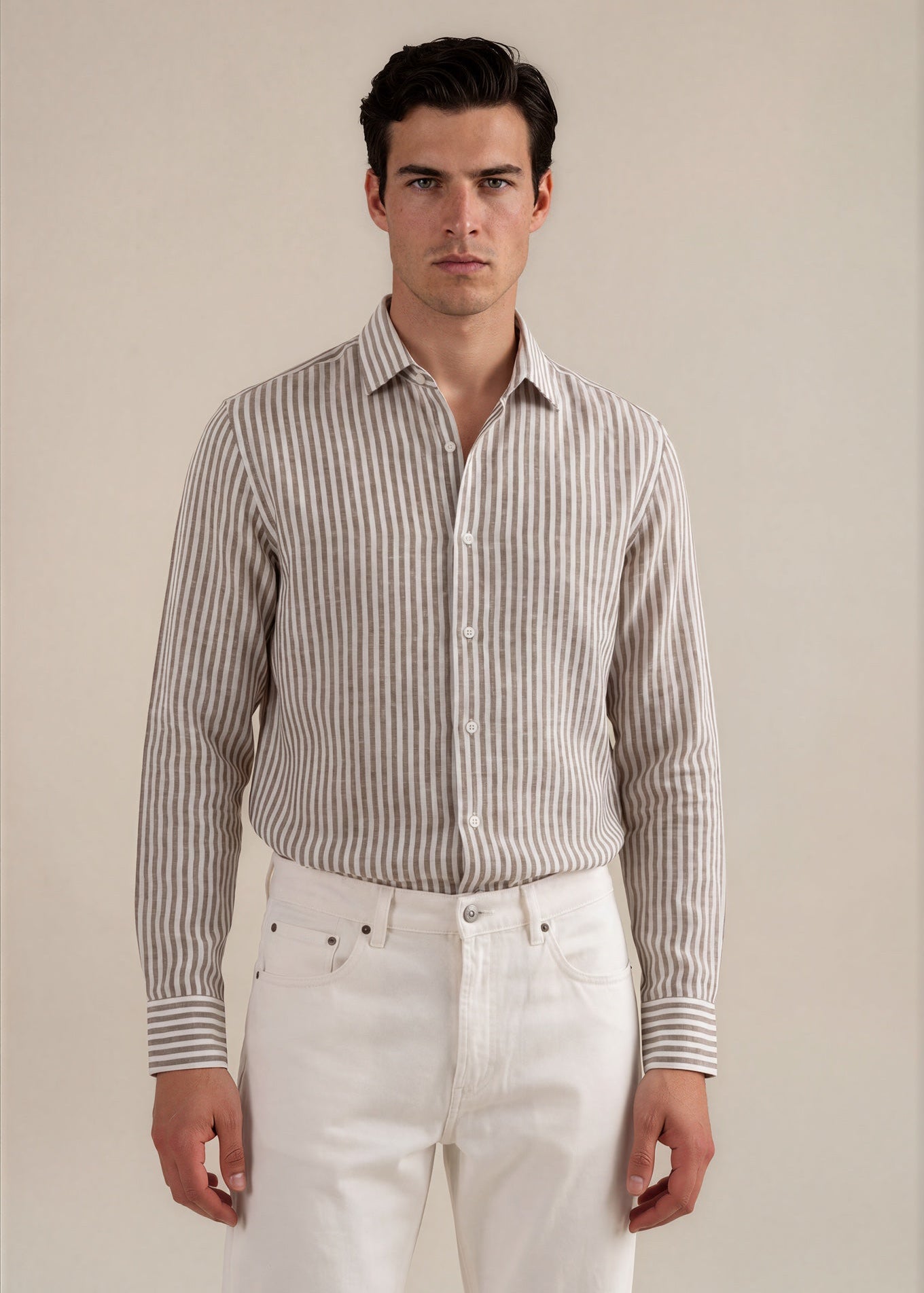 Hand-Finished Tan & White Striped Linen Shirt