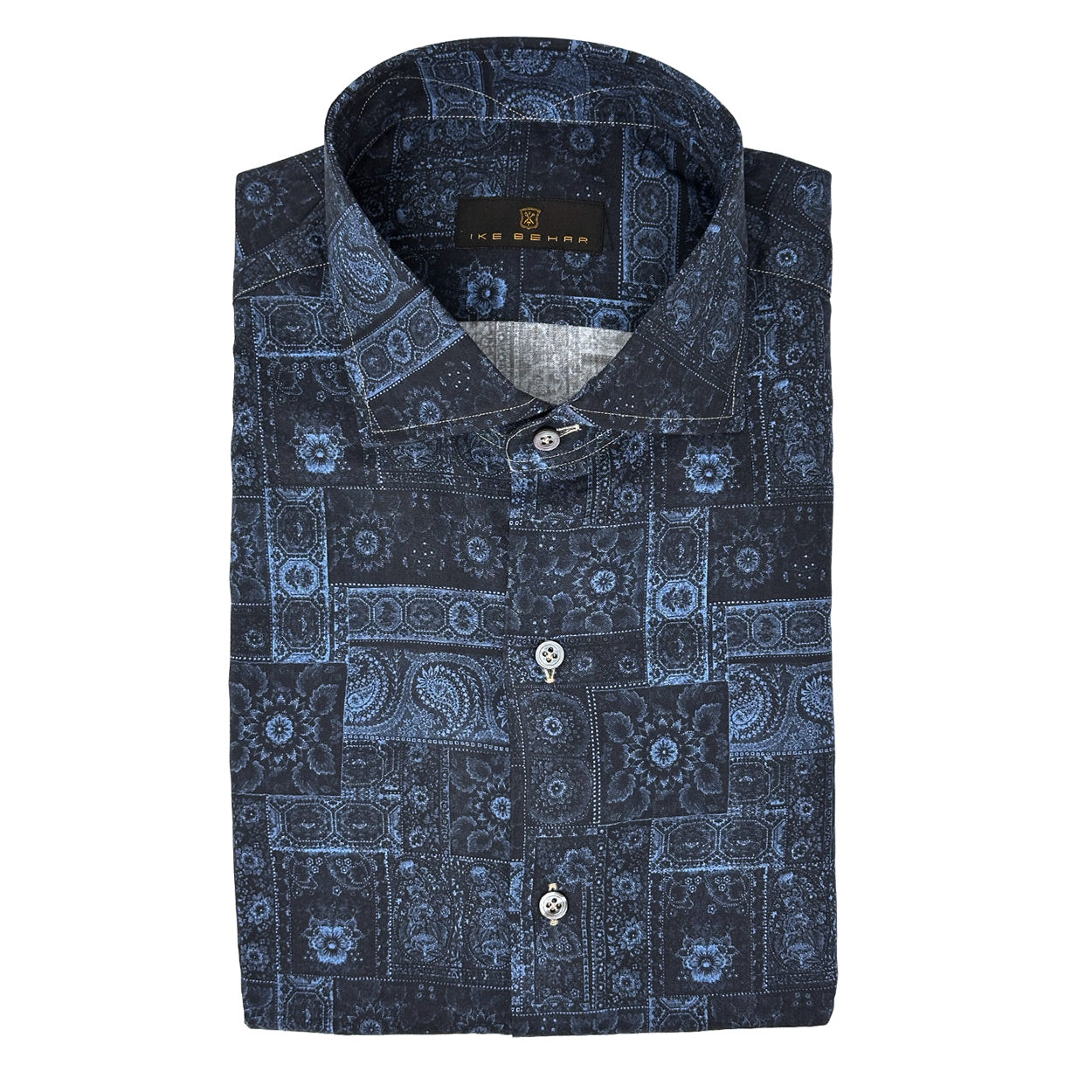 Navy Patchwork Print Viscose Shirt