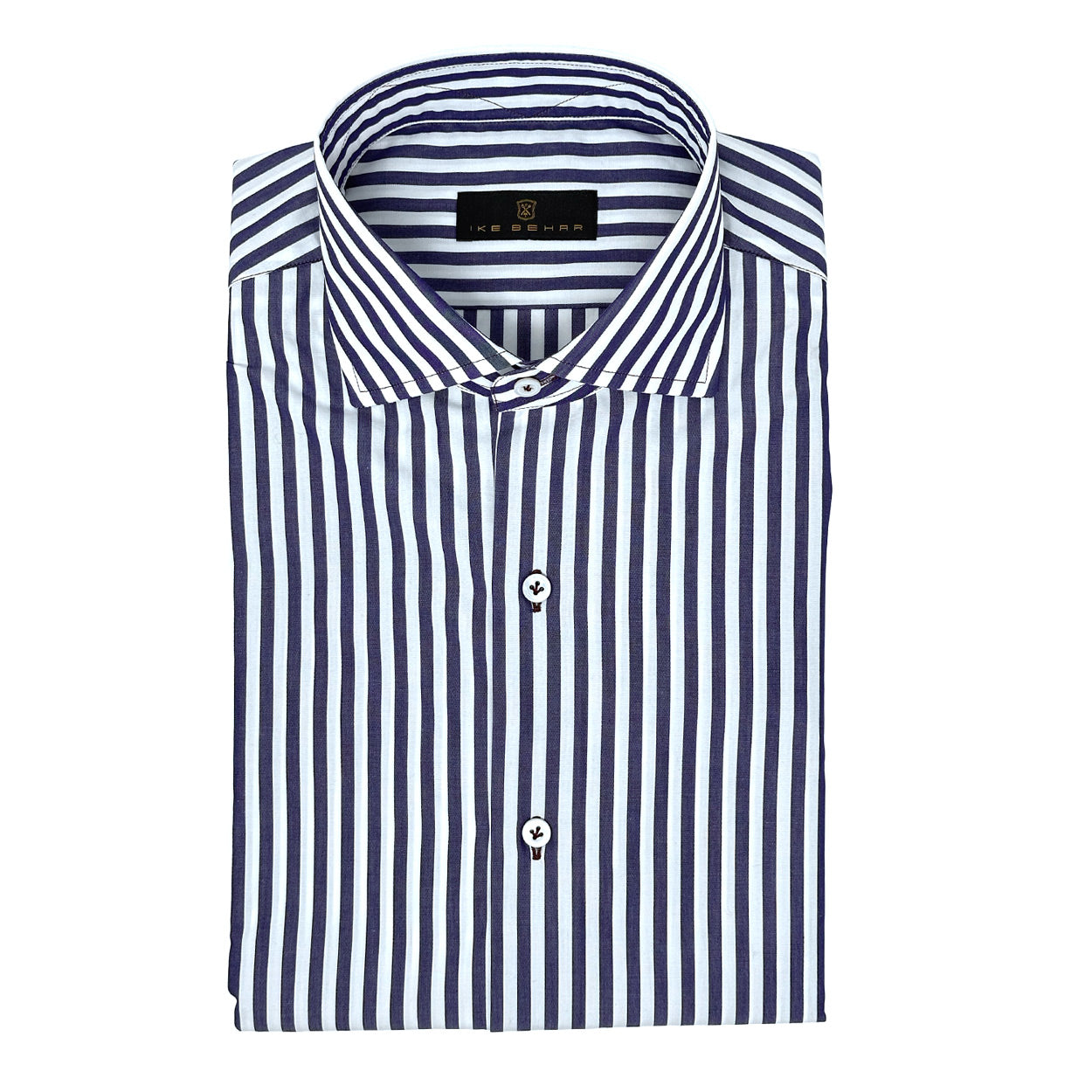 Folded navy and white striped shirt with a brand label on a white background
