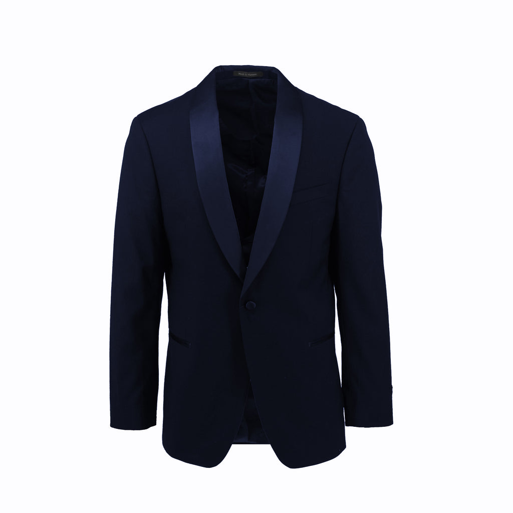 Navy Shawl Collar Stretch Evening Jacket