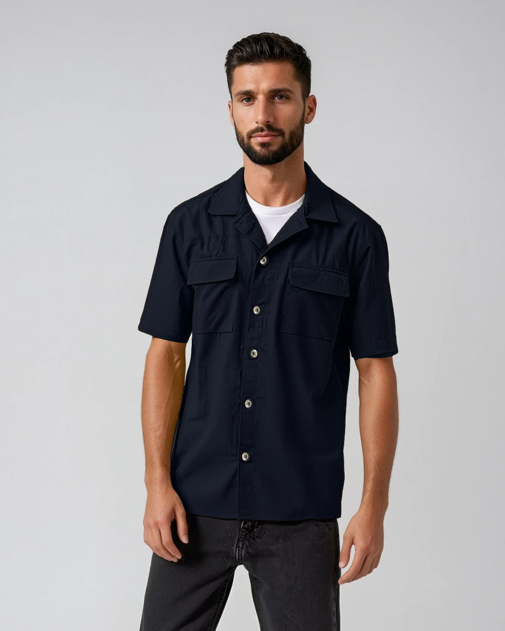 Men's navy linen blend tonal dobby two pocket short sleeve shirt - Shop stylish high-quality mens shirts by Ike Behar