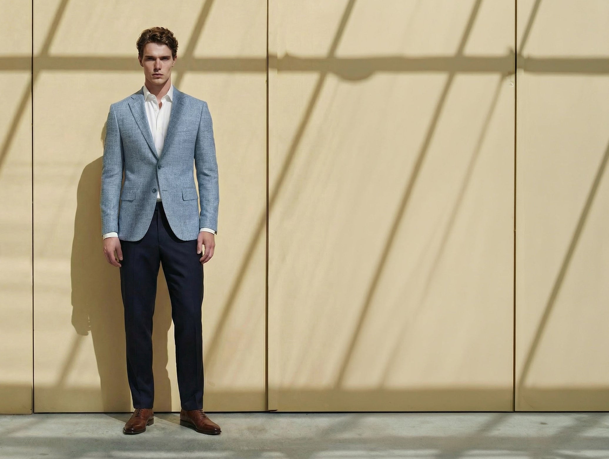 Man in a light blue blazer and dark pants standing against a beige wall with geometric patterns.