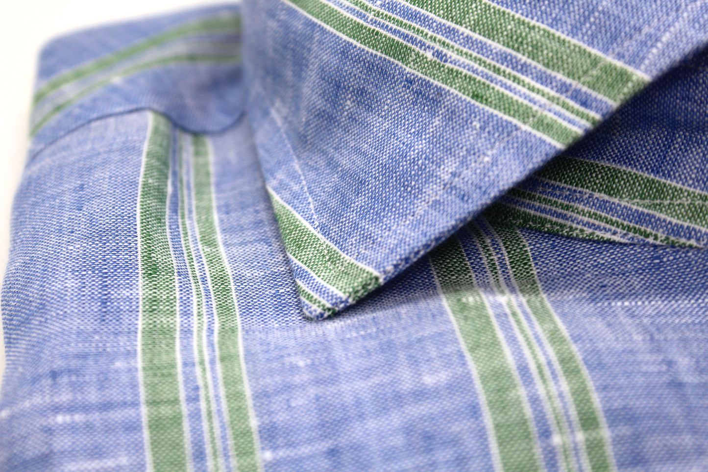 Hand Finished Sky With Lime Striped Italian Linen Sport Shirt