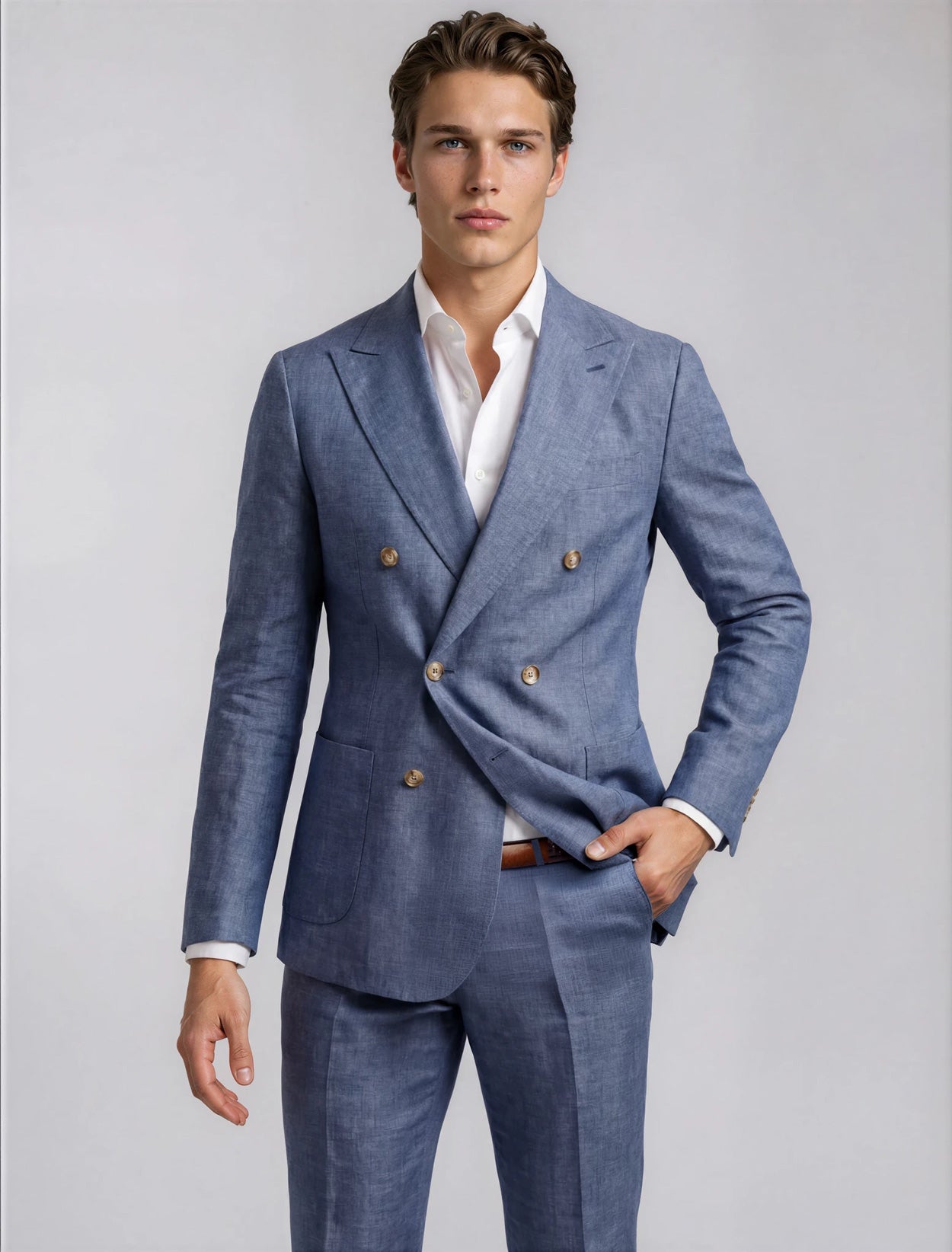 Man wearing a blue suit with a white shirt on a light gray background