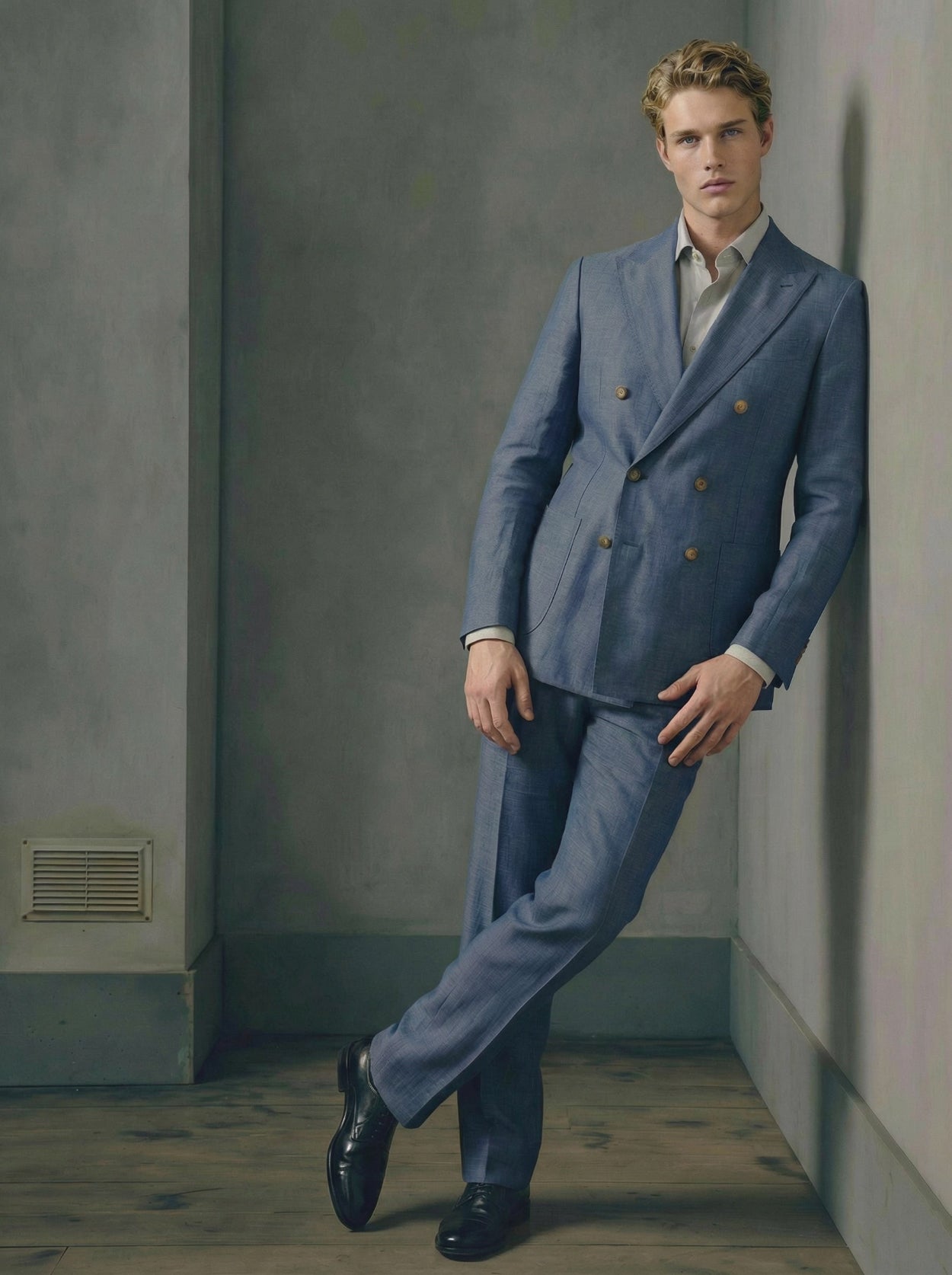 Man in a blue suit standing against a plain wall