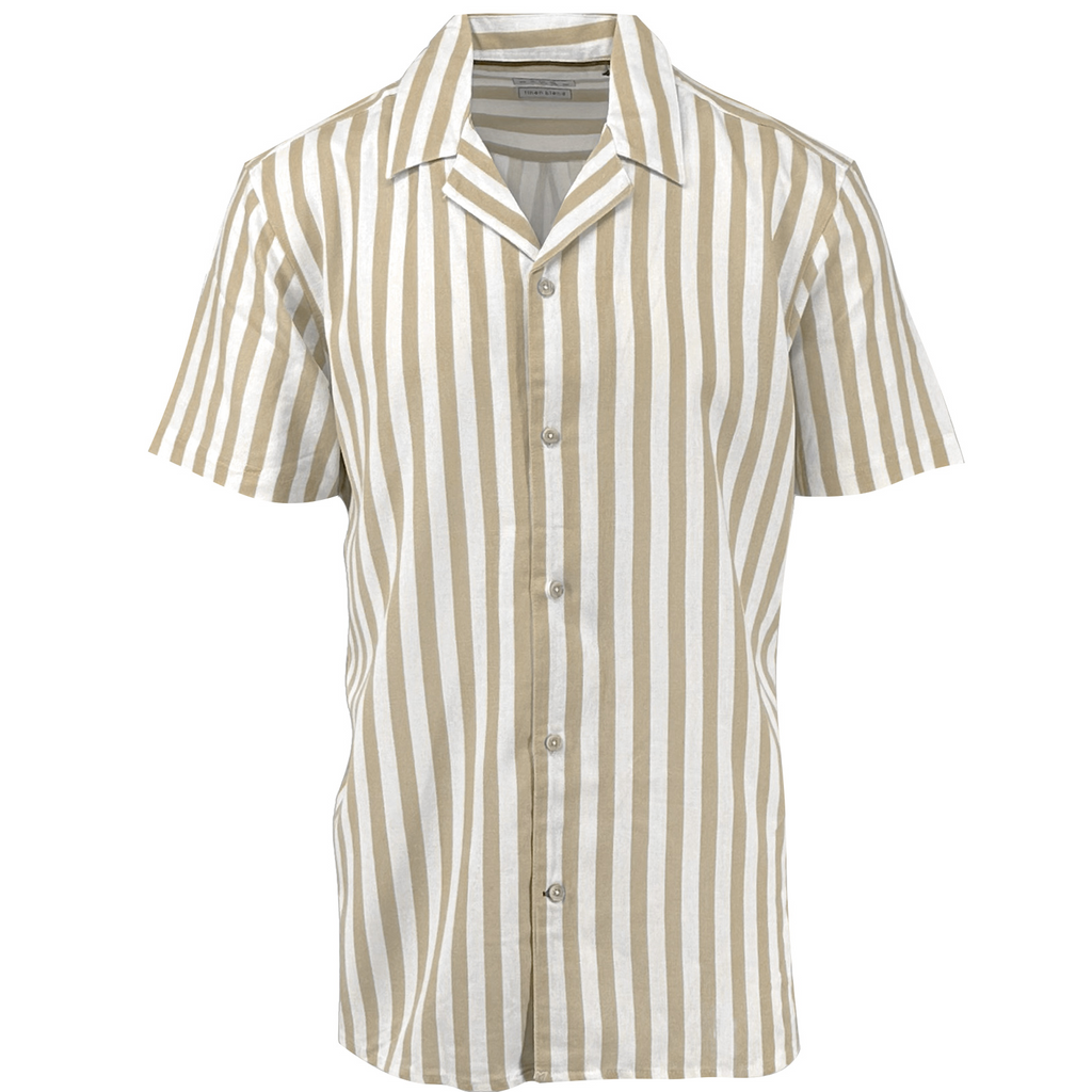Men's wheat large stripe cotton and linen camp shirt - Shop stylish, high-quality men's shirts by Ike Behar