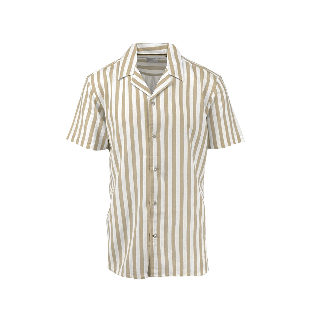 Men's wheat large stripe cotton and linen camp shirt - Shop stylish, high-quality men's shirts by Ike Behar