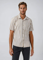 Men's wheat large stripe cotton and linen camp shirt - Shop stylish high-quality mens shirts by Ike Behar