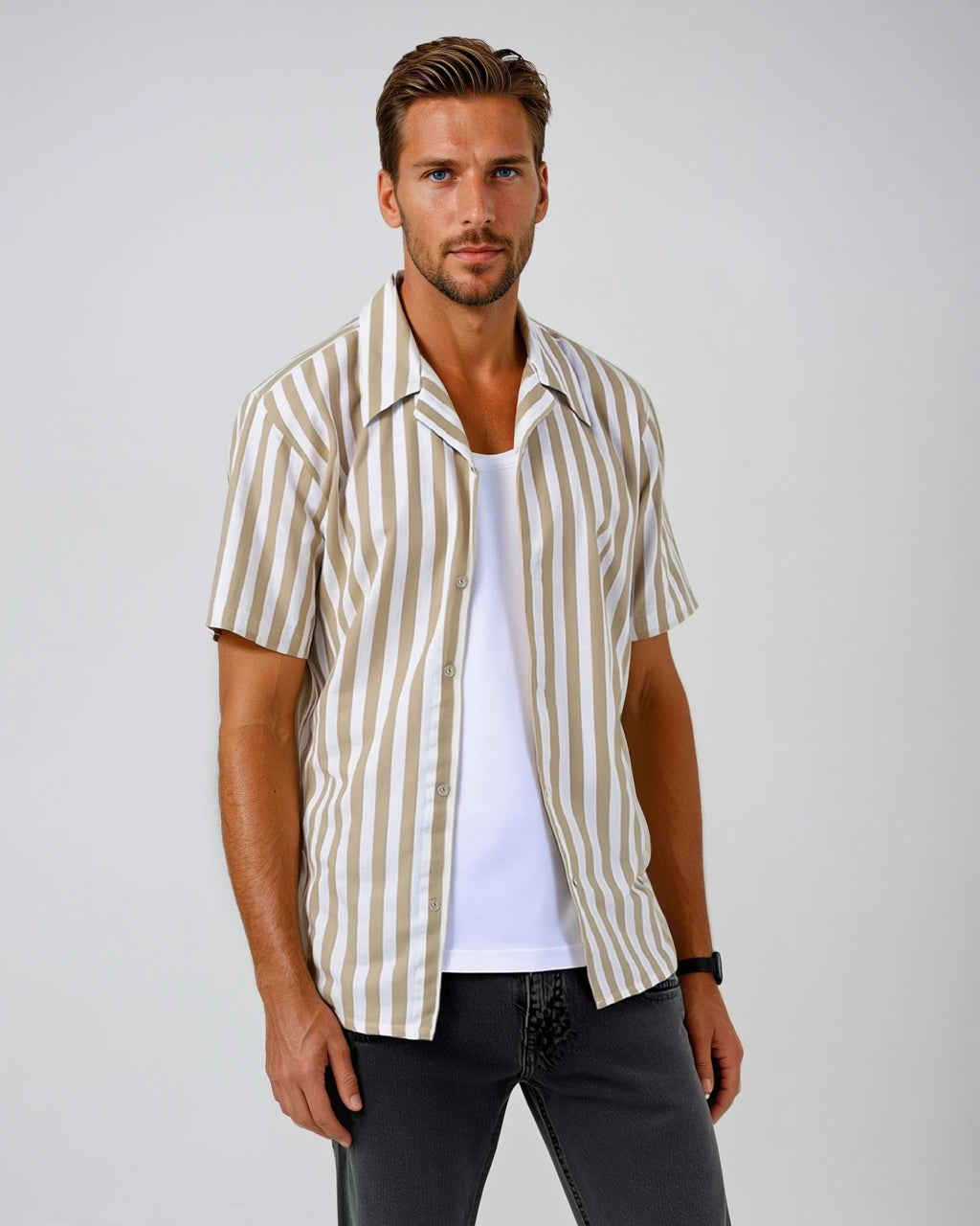 Men's wheat large stripe cotton and linen camp shirt - Shop stylish high-quality mens shirts by Ike Behar