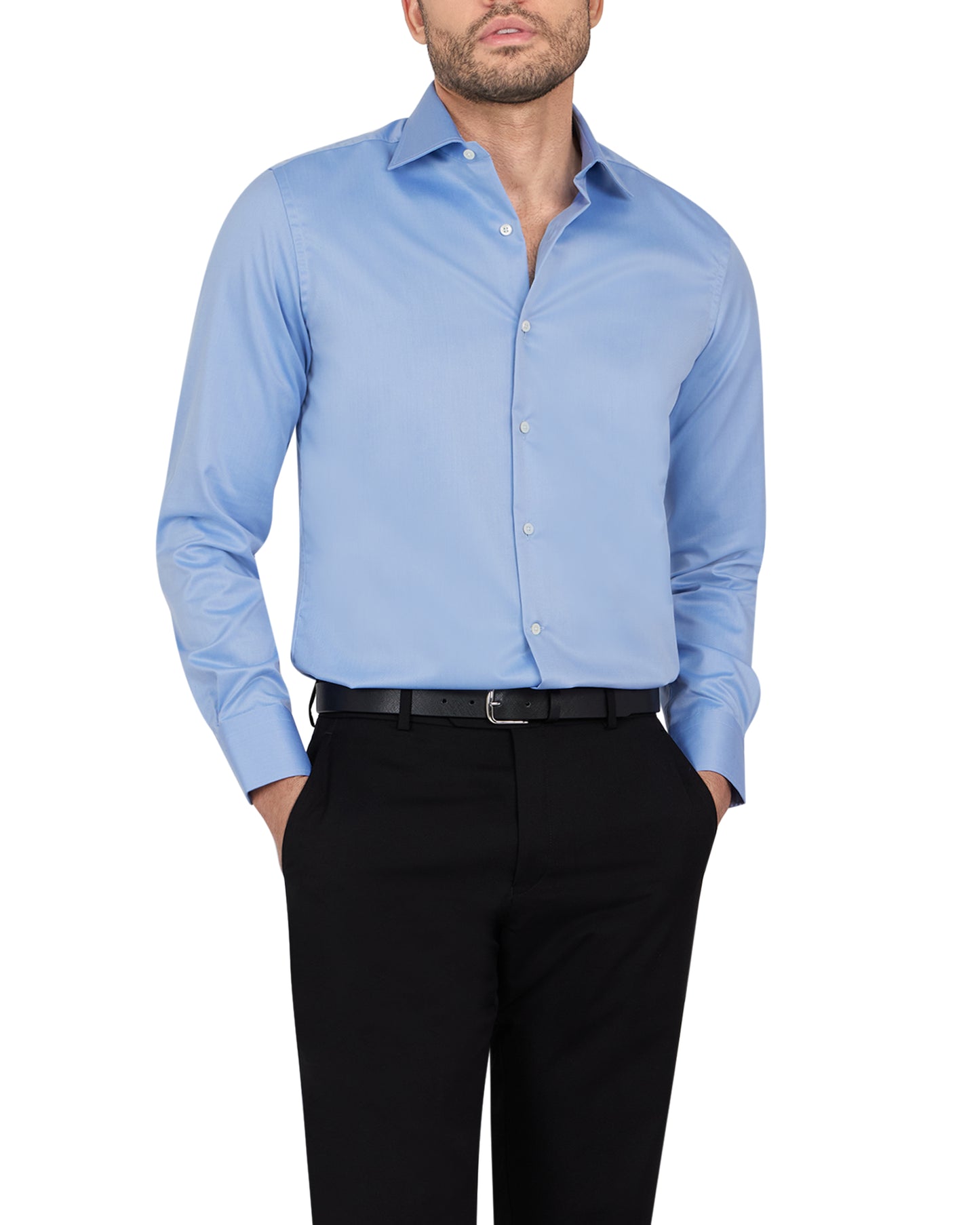 French Blue Twill Natural Stretch Cotton Dress Shirt