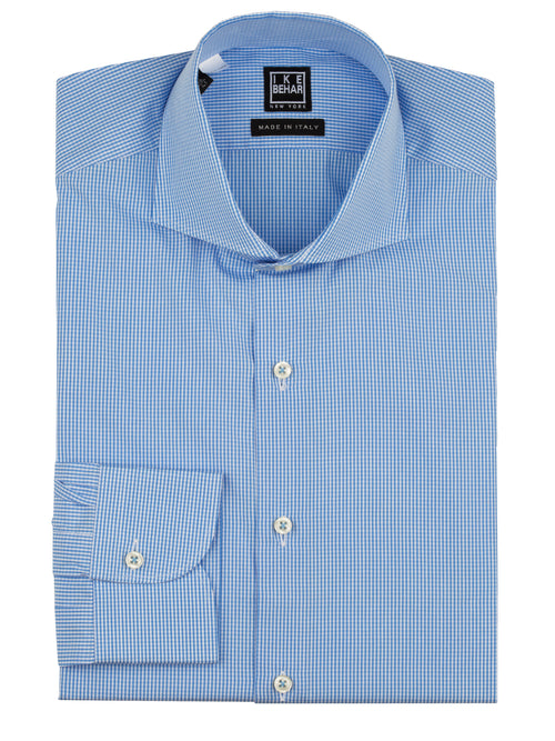 Men's blue gingham check dress shirt spread collar and button cuff - Shop stylish high-quality mens shirts by Ike Behar